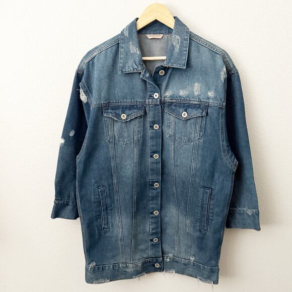 HIGHWAY JEANS | Oversized Denim Jacket Jean Distressed Long Length Wash | Medium - Picture 2 of 8